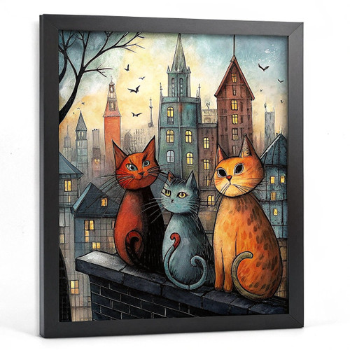 Cartoon Cats On The Roof Wall Art Cute Cat Print Funny Cat Artwork Cat Gift (1)