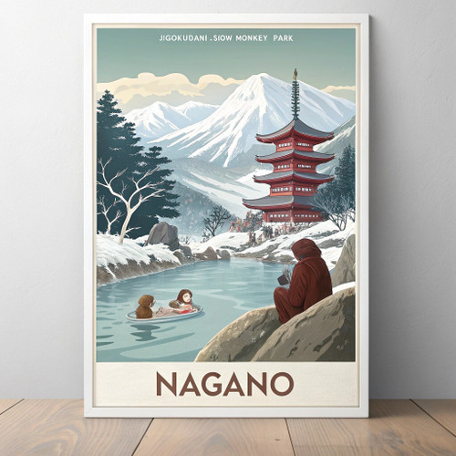 Captivating Nagano Japan Travel Poster - Snow Monkeys & Hot Springs Art Print Po