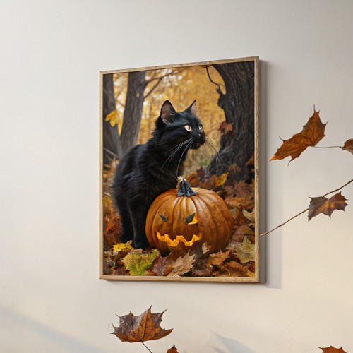 Black cat and pumpkin vintage style art print - Magical halloween vintage retro