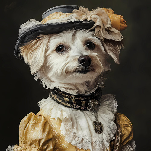 a small white dog dressed in a vintage-inspired yellow outfit Poster Canvas Prin