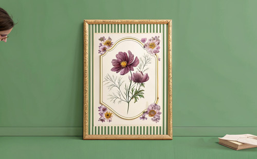 Cosmos Flower on Vintage Pressed Floral Stripe Art Print - Unframed A6 A5 A4 A3