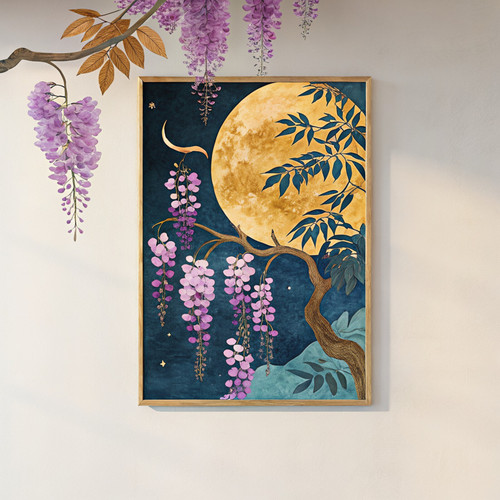 Full moon and wisteria art print - floral whimsical moon art moon trees nature b