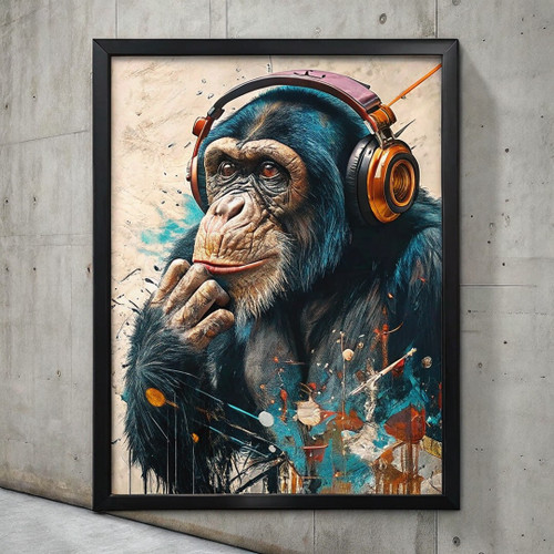 Monkey Ape Music Headphones Wall Art Print Gift Home Animal Wall Artwork Print (