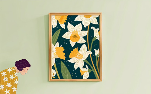 Daffodil Stems on Navy Spring Art Print - Unframed A6 A5 A4 A3 A2 A1 - Daisy Cot
