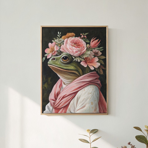 Maximalist frog in robes with flowers portrait art print - bold fun altered anim