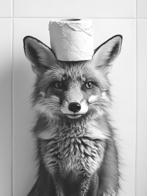 Fox with Toilet Paper on Head-1-3by4 Poster Canvas Funny Annimals Pritnt A0 A1 A