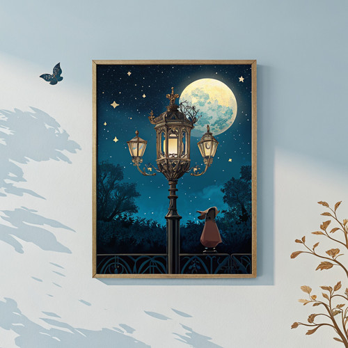 Victorian street lamp with moon art print - Nostalgia dark academia spooky cotta