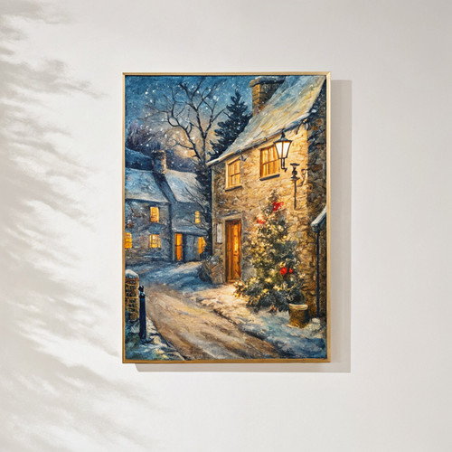 Christmas in the Cotswolds art print - christmas eve snowy village scene classic