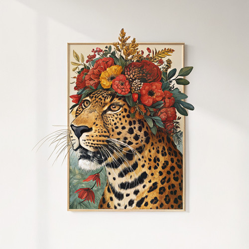 Maximalist leopard with flower crown art print - Bold animal portrait altered an