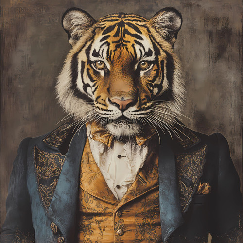 Gentelman Tiger in a formal outfit, with a blend of traditional and ornate elem