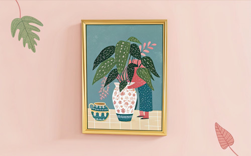 Teal Antique Painted Begonia Vase Botanical House Plant Art Print - Unframed A6