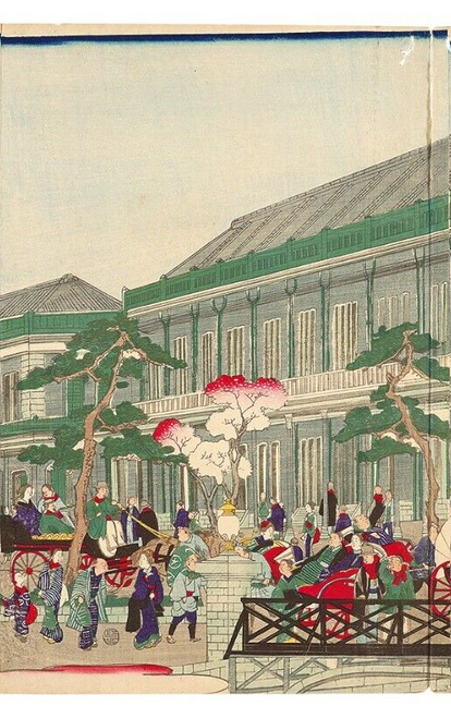 Japanese Woodblock Print Kuniteru II Kyobashi Street Original Woodcut Triptych p