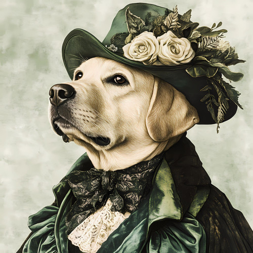 Lady Labrador with a green top hat and a floral accessory, which includes a mix