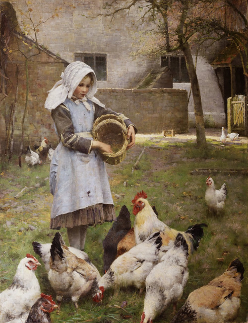 Walter Frederick Osborne - Feeding the Chickens 1885 Poster Canvas Movie Film Pr