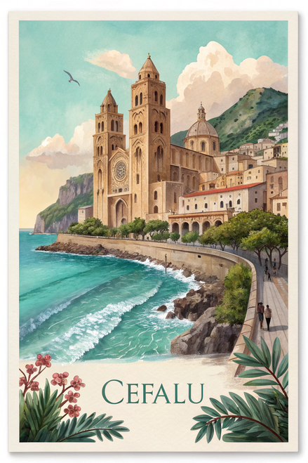Captivating Cefalù Sicily Travel Poster - Ancient Landmarks Watercolor Art Print
