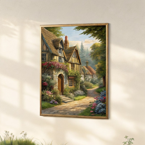 Old English cottages in village scene art print - old romantic cottagecore sleep