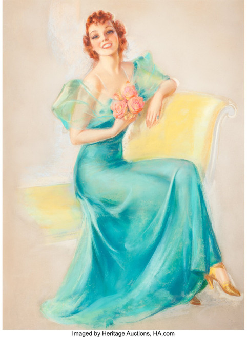 JULES ERBIT (American, 1889-1968). Woman in a Turquoise Dress. P Poster Canvas M