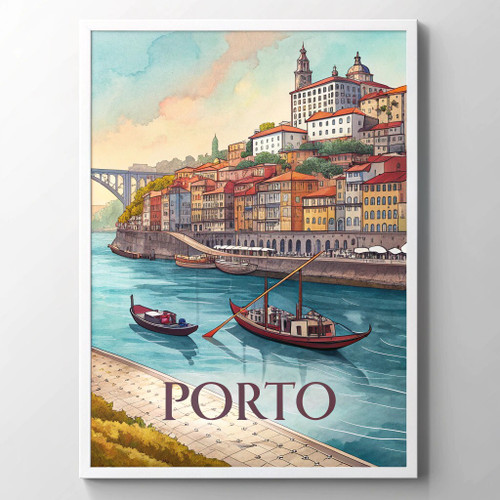 Charming Porto Portugal Travel Poster - Ribeira District Watercolor Art Print Po