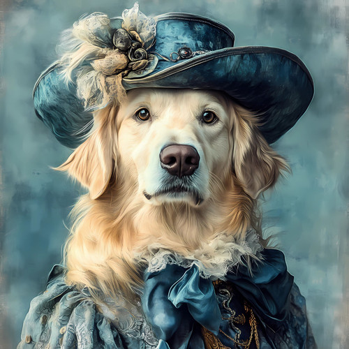 Golden Retriever in a distinctive blue outfit with a decorative, ornate hat feat