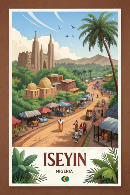 Vibrant Iseyin Nigeria Travel Poster - Traditional African Cityscape Art Print P