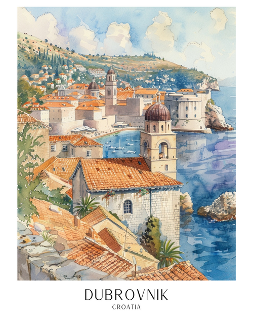 Dubrovnik Croatia Watercolour Travel Poster (2) Poster Canvas Movie Film Print A