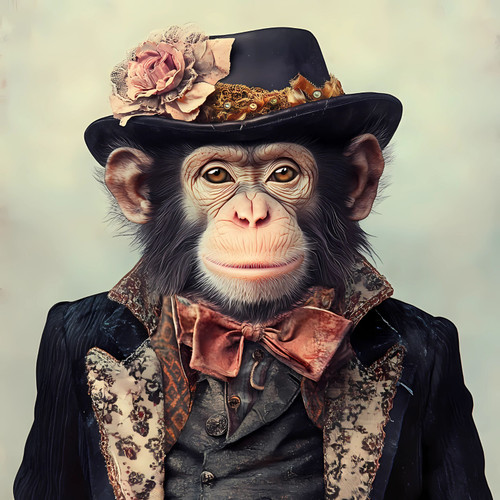 Gentelman Monkey whit a a black top hat adorned with a floral accessory and a bo