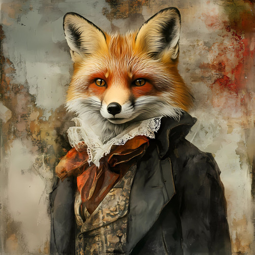 Gentelman Fox a jacket with a lace-like collar and a brown, decorative cravat. A