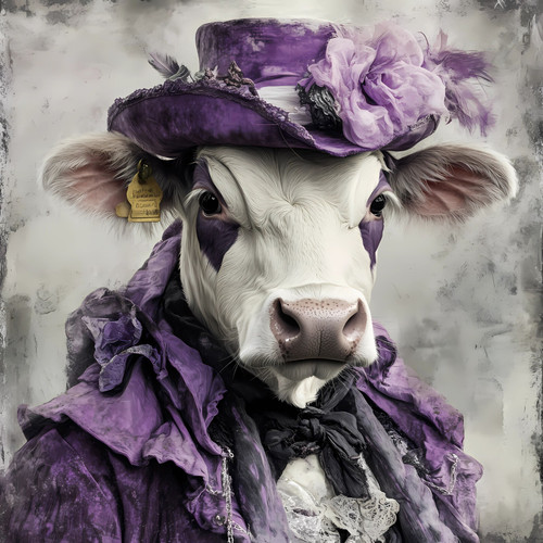 Lady Cow in a regal purple top hat, featuring a large, soft-looking, and ornamen