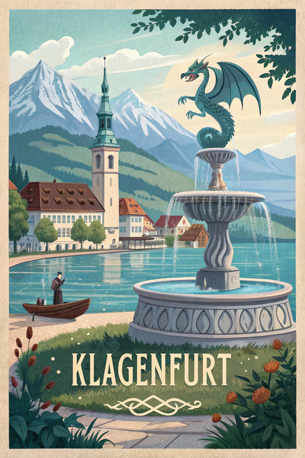 Klagenfurt Austria - Vintage Travel Poster, Lake Wörthersee and Dragon Art Print