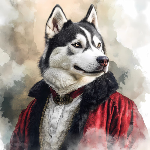 Siberian Husky in a rich red jacket with a detailed, ornate collar. Poster Canva