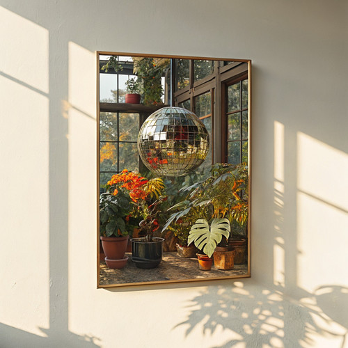 1970s style interior disco ball in conservatory art print - Disco ball mirrorbal