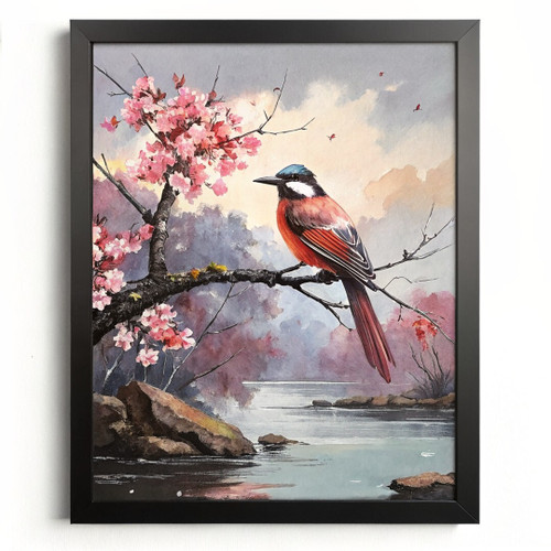 Pink Bird Wall Art Watercolour Bird Cherry Blossom Print Decor For The Bedroom (