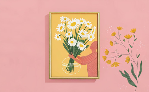 Daisy Spring Bunch in Glass Vase Sketch Colourful Art Print - Unframed A6 A5 A4