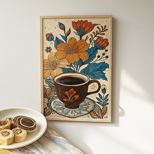 70s retro flowers and coffee cup aesthetic block art print - 60s 70s style art w