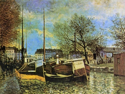 Alfred-Sisley-barges-on-the-saint-martin-canal Poster Canvas Movie Film Print A0
