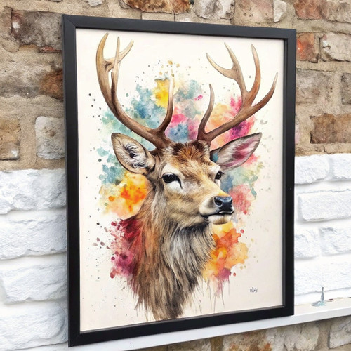 Watercolour Stag Artwork 30x40cm Framed Print Wall Art Wild Animal Home Decor (1