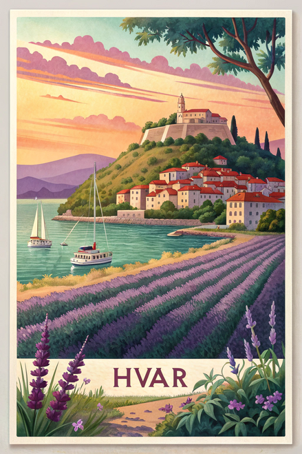 Captivating Hvar, Croatia Travel Poster - Lavender Fields and Adriatic Sea Art P