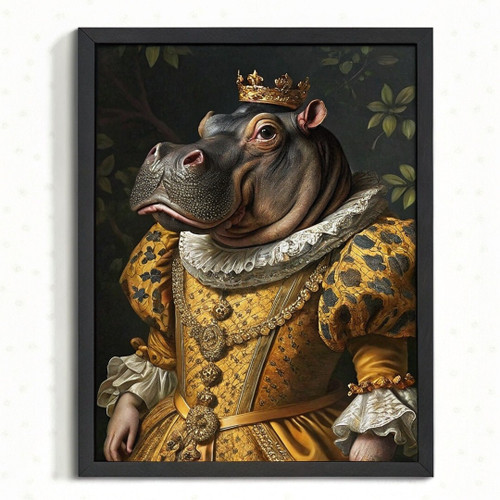 Vintage Hippo Painting Lady Hippo Portrait Renaissance Animal Wall Art Print (3)