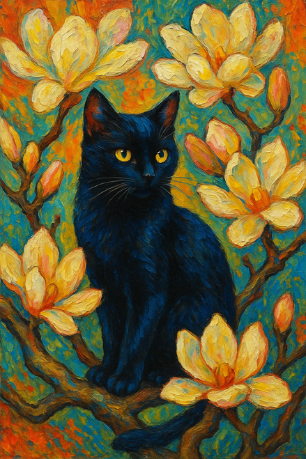 Elias Morrow - Whispers in the Magnolia Dawn Canvas Poster Art cat black flower