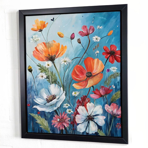 Floral Wall Art For Lounge Meadow Flowers Poster Multicoloured Prints Blue Art (
