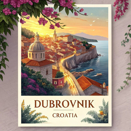 Majestic Dubrovnik Croatia Travel Poster - Orange Rooftop Panorama Art Print Pos