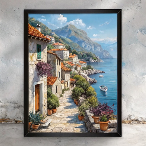 Mediterranean Coastal Village Art Print Seaside Landscape Painting Seascape Art