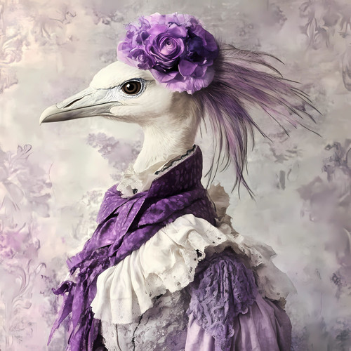 Lady Bird with a vintage-inspired outfit and a purple flower accessory Art Galle
