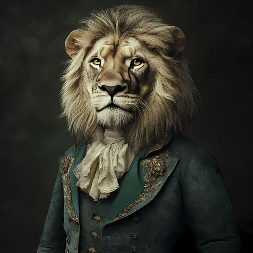 Regal Lion in a rich, ornate green jacket with gold accents and a ruffled cravat