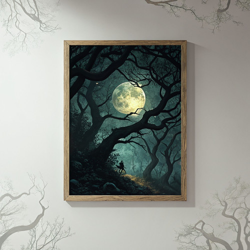 Full moon above forest canopy art print - mystical moody night above the forest