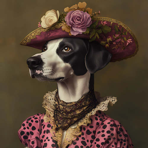 Dalmation a Victorian-inspired outfit with a pink blouse featuring a polka-dot p