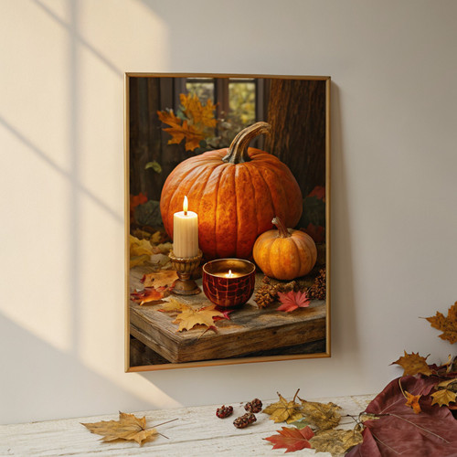 Vintage still life candle pumpkins and Autumn foliage art print - Enchanting aut