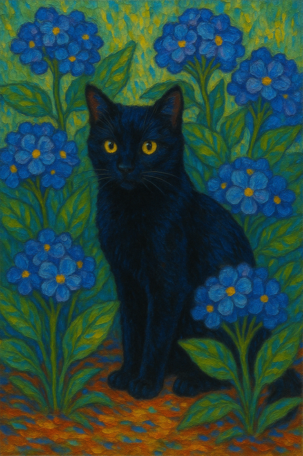 Elias Morrow - The Silence Beneath the Blue Canvas Poster Art cat black flower