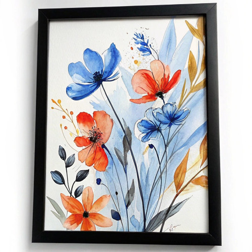 Blue and Red Floral Elegance Print Contemporary Watercolour Flower Art Print Pos
