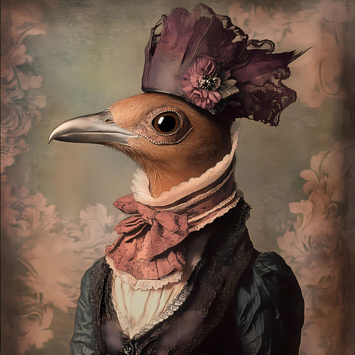 Bird with a head accessory that includes a decorative floral element, lace, and